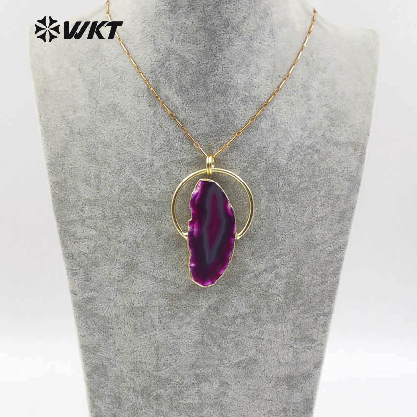 WT-N1138 Natural Sliced Stone With Gold Bezel Pendant Double Tiny Hoop Charm Bohe Layer 18'' Inch for Women Agate Necklace