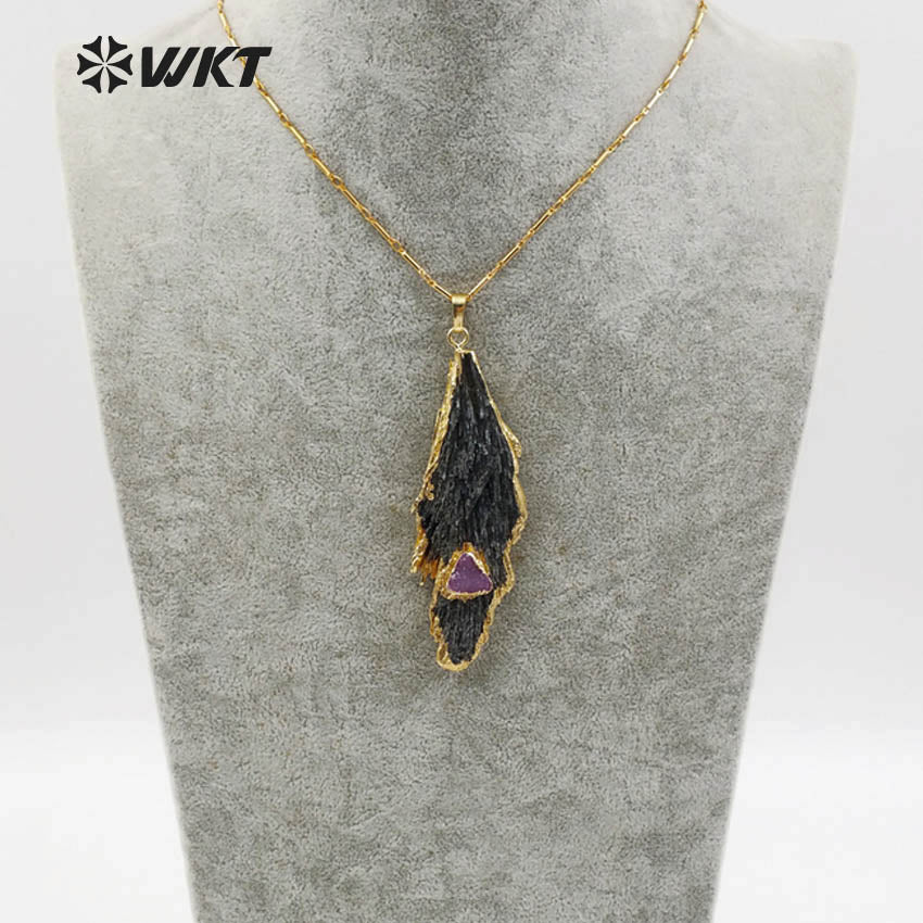WT-N1123 Unique Black Tourmaline with Druzy Charms for Women Gorgeous Black Raw Stone Big Tourmaline Necklace