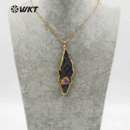 WT-N1123 Unique Black Tourmaline with Druzy Charms for Women Gorgeous Black Raw Stone Big Tourmaline Necklace