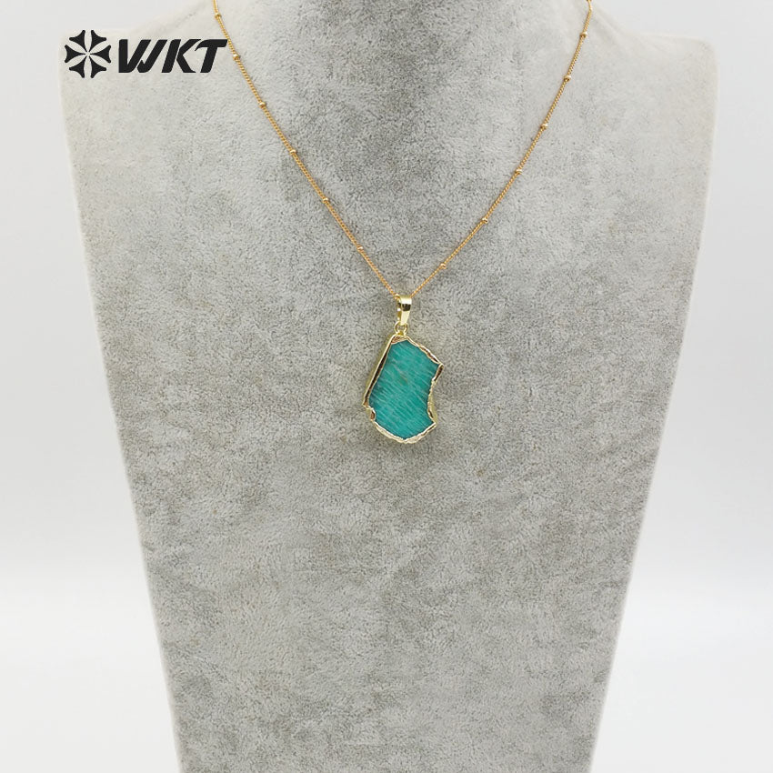 WT-N1136 Women Mineral Jewelry 18''Inch Long Gold Layer Irregular Shape Gold Bezel Natural Amazonite Stone Pendant Necklace
