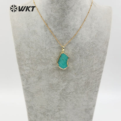 WT-N1136 Women Mineral Jewelry 18''Inch Long Gold Layer Irregular Shape Gold Bezel Natural Amazonite Stone Pendant Necklace