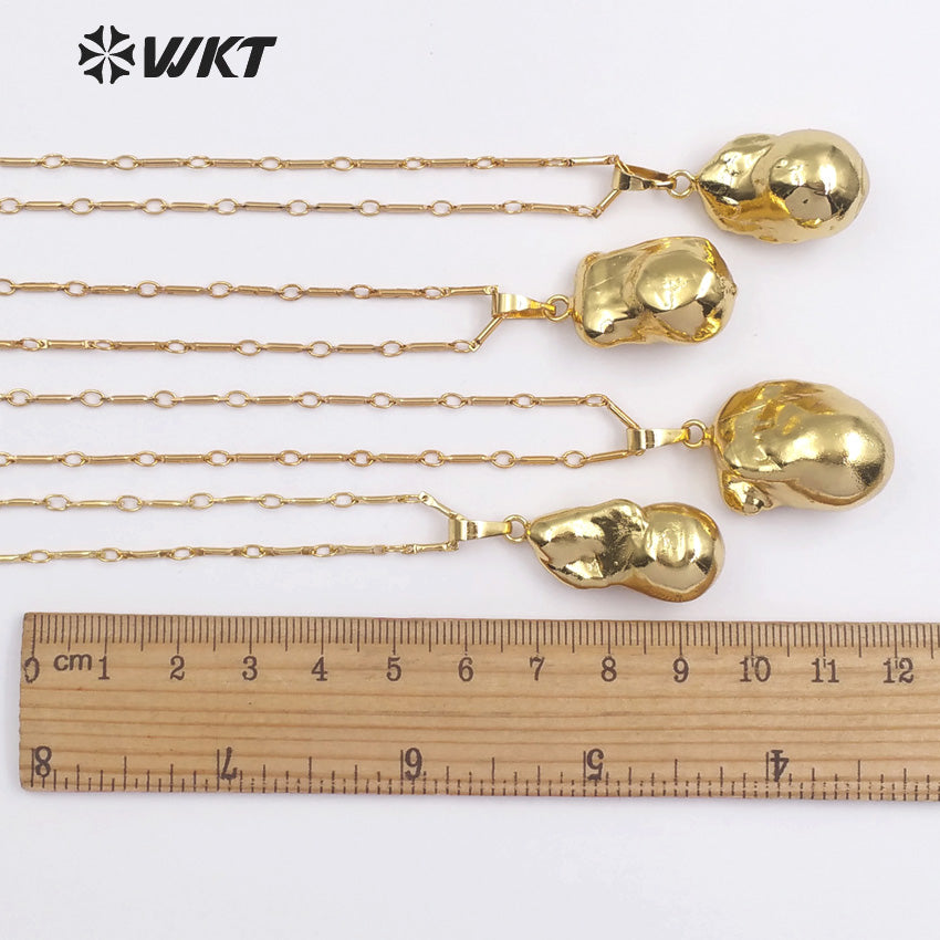 WT-JN059 18''Inch Bamboo Chain Personalize Gift in Full Gold Dipped Pearl Pendant Natural Raw Baroque Pearl Necklace