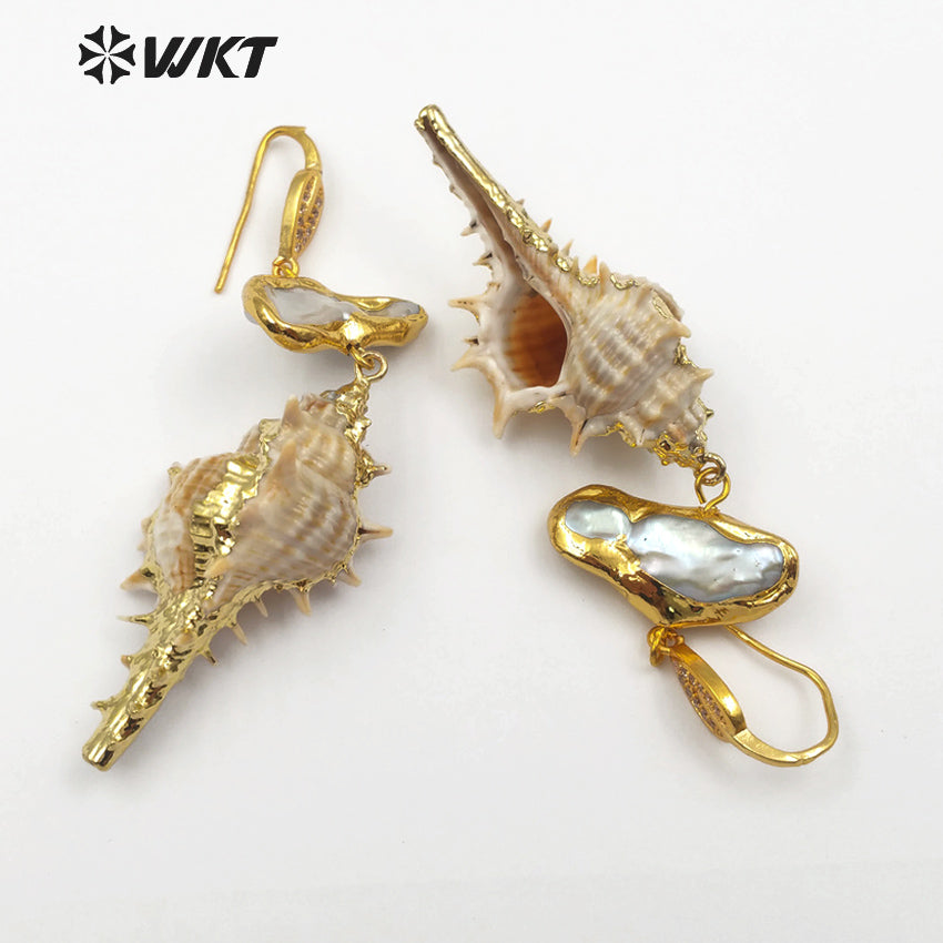 WT-E476 Jewelry Women Real Spiky Summer Holiday Sea Pearl Inlay Pearl Dainty Earring Raw Shape Wild Coast Trumpet Shell Earring
