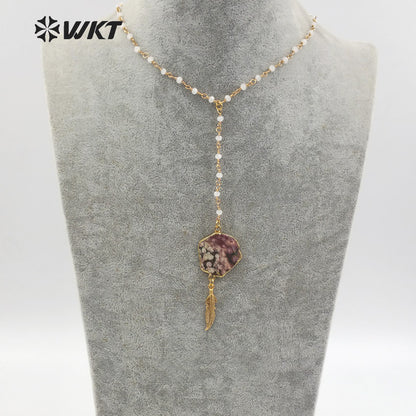 WT-N1132 Random Shape Natural Ocean Stone With Gold Trim Inlay Different Drop Pendant 18 Inch Crystal Bead Rosary Chain Necklace