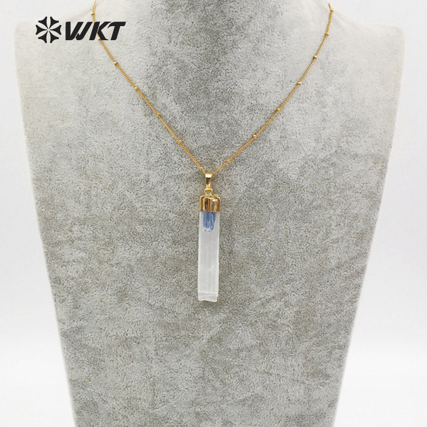 WT-N1128 Women Fashion Gold Plated White Selenite Necklace with Blue Kyanite Charm