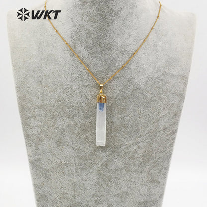 WT-N1128 Women Fashion Gold Plated White Selenite Necklace with Blue Kyanite Charm