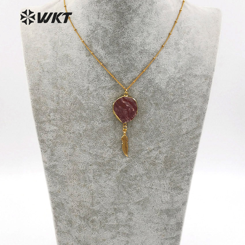 WT-N1131 Wholesale Ocean jasper With Feather Charm Necklace, 18k Real Gold Plated Ocean jasper Stone Necklace