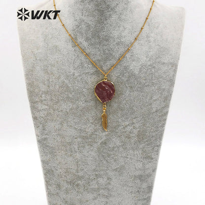 WT-N1131 Wholesale Ocean jasper With Feather Charm Necklace, 18k Real Gold Plated Ocean jasper Stone Necklace