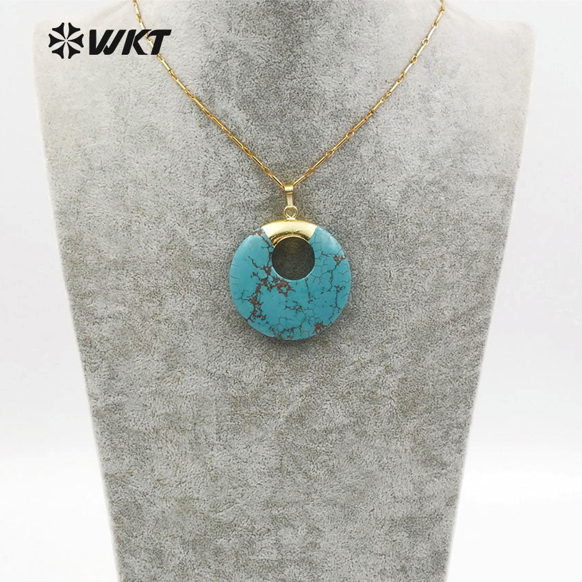 WT-N1129 Wholesale Boho Gold Plated Turquoise Necklace, Natural Green Turquoise Stone Necklace in Round