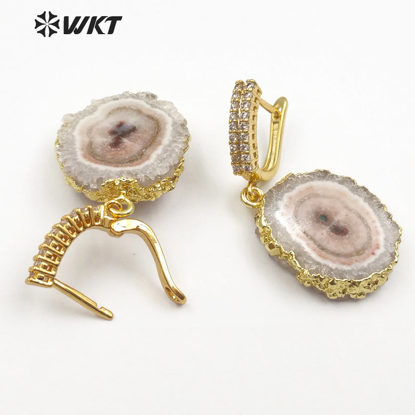 WT-E477 Women Vogue Jewelry With Gold Bezel Dainty Cubic Zirconia Pave Earring Natural Stalactite Quartz Delicate Stud Earring