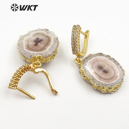 WT-E477 Women Vogue Jewelry With Gold Bezel Dainty Cubic Zirconia Pave Earring Natural Stalactite Quartz Delicate Stud Earring