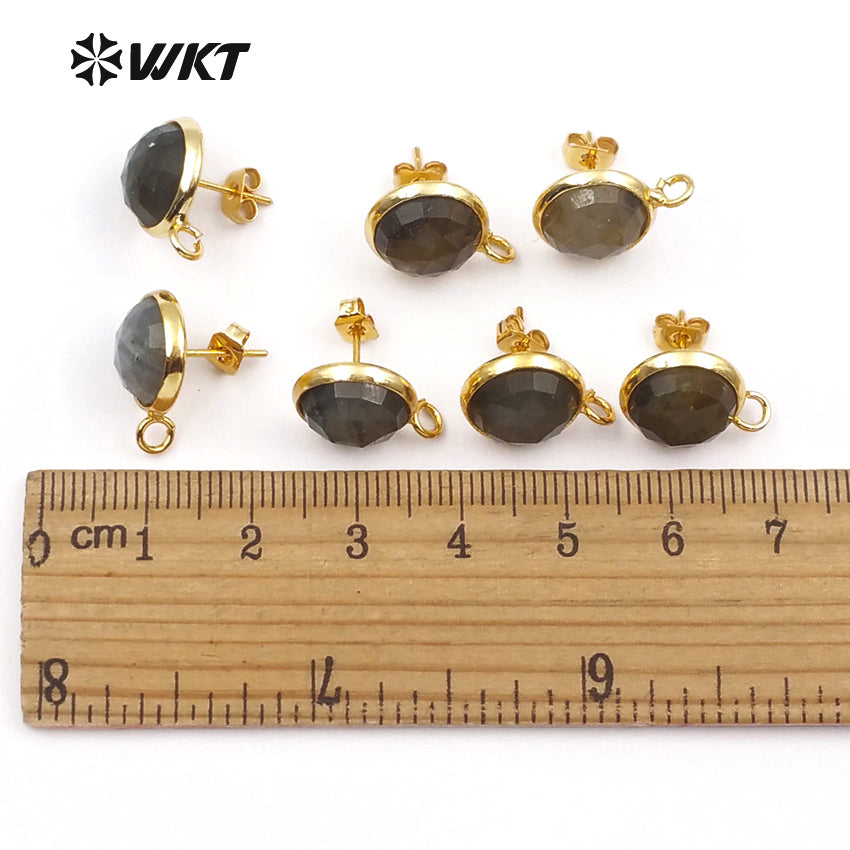WT-JF328 Natural Labradorite Stud Earring Round Shape Faceted Stone With Gold Bezel Post Connector Jewelry Findings