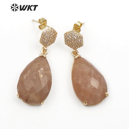 WT-E479 Simple Elegant Bridesmaid Jewely Hexagon Shape CZ Pave Earring Stud With Teardrop Amazonite Labradorite Earring