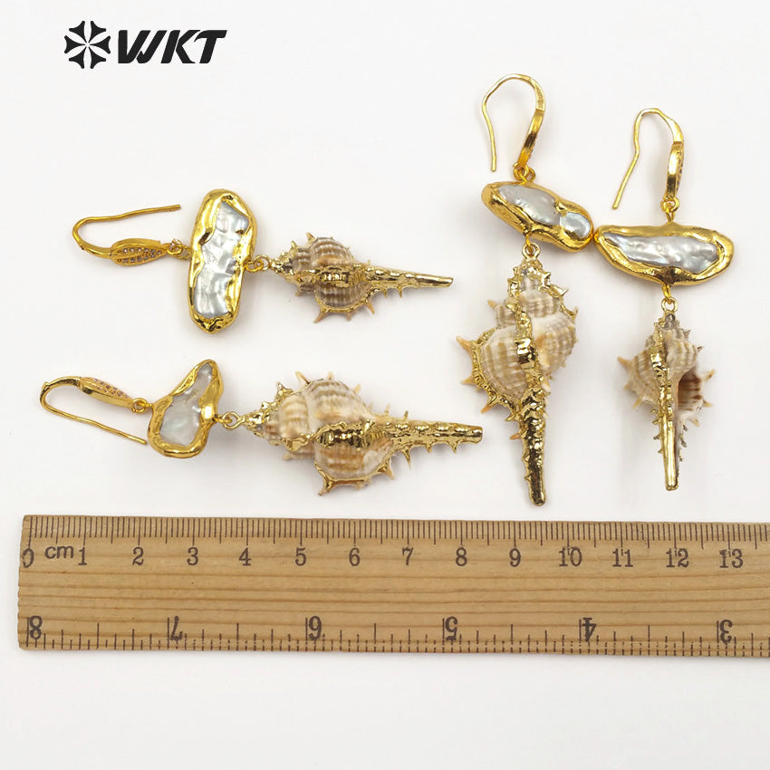 WT-E476 Jewelry Women Real Spiky Summer Holiday Sea Pearl Inlay Pearl Dainty Earring Raw Shape Wild Coast Trumpet Shell Earring