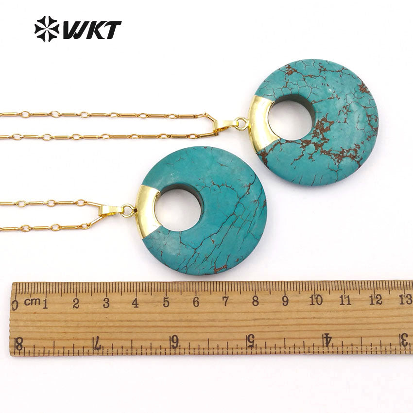 WT-N1129 Wholesale Boho Gold Plated Turquoise Necklace, Natural Green Turquoise Stone Necklace in Round