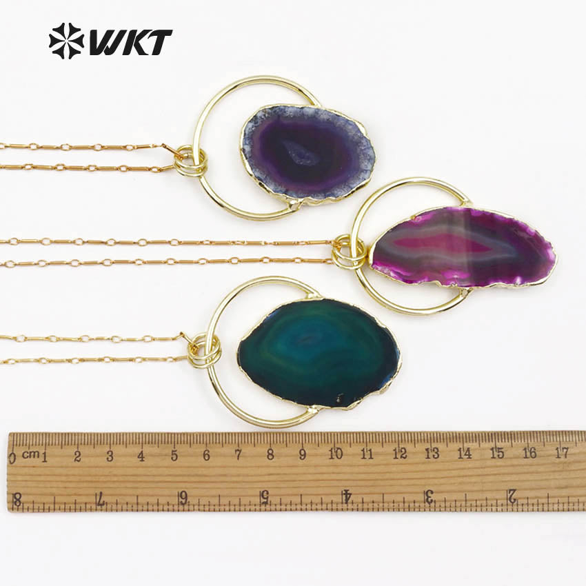 WT-N1138 Natural Sliced Stone With Gold Bezel Pendant Double Tiny Hoop Charm Bohe Layer 18'' Inch for Women Agate Necklace