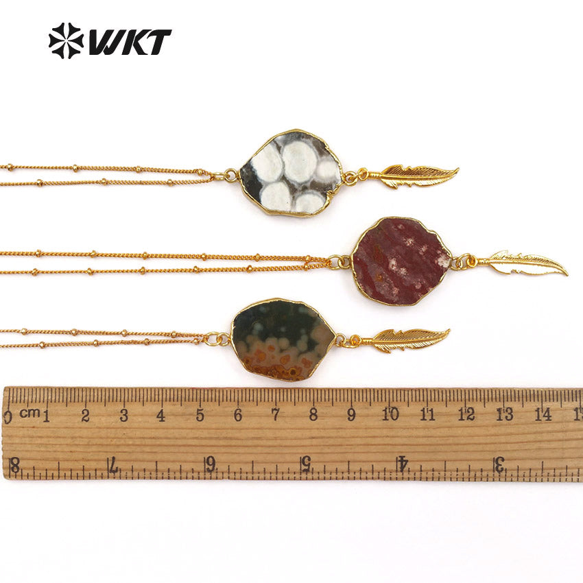 WT-N1131 Wholesale Ocean jasper With Feather Charm Necklace, 18k Real Gold Plated Ocean jasper Stone Necklace