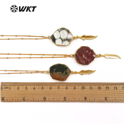 WT-N1131 Wholesale Ocean jasper With Feather Charm Necklace, 18k Real Gold Plated Ocean jasper Stone Necklace