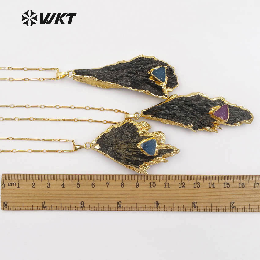 WT-N1123 Unique Black Tourmaline with Druzy Charms for Women Gorgeous Black Raw Stone Big Tourmaline Necklace