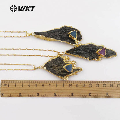 WT-N1123 Unique Black Tourmaline with Druzy Charms for Women Gorgeous Black Raw Stone Big Tourmaline Necklace