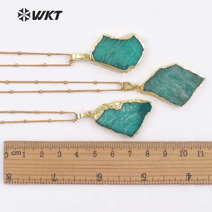 WT-N1136 Women Mineral Jewelry 18''Inch Long Gold Layer Irregular Shape Gold Bezel Natural Amazonite Stone Pendant Necklace