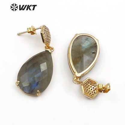 WT-E479 Simple Elegant Bridesmaid Jewely Hexagon Shape CZ Pave Earring Stud With Teardrop Amazonite Labradorite Earring