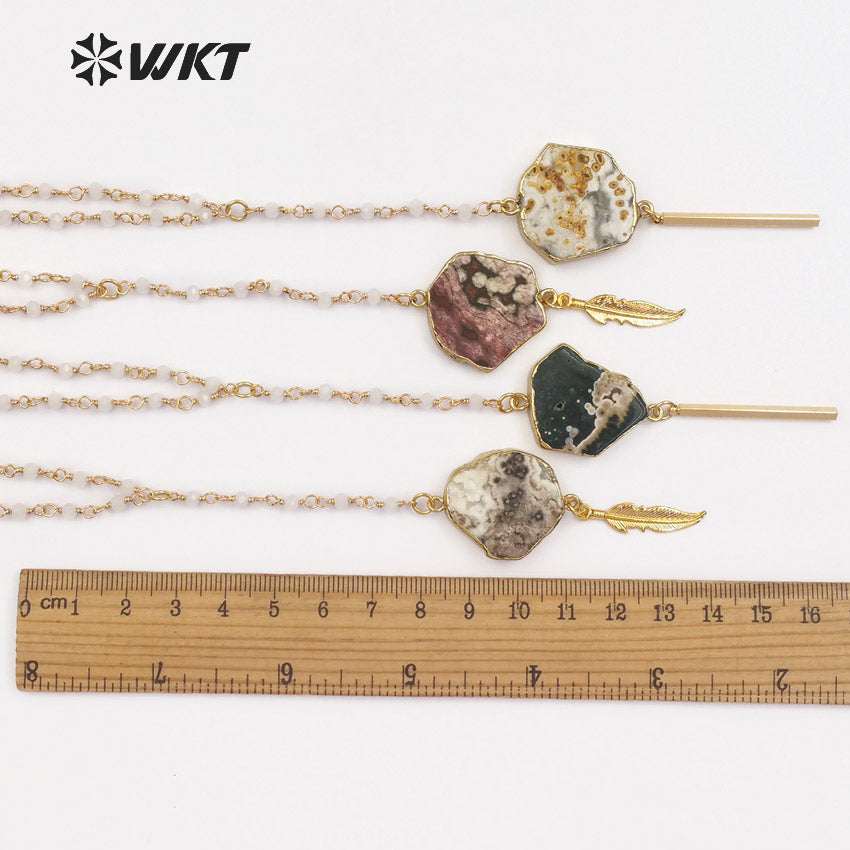 WT-N1132 Random Shape Natural Ocean Stone With Gold Trim Inlay Different Drop Pendant 18 Inch Crystal Bead Rosary Chain Necklace