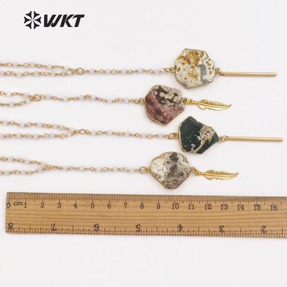 WT-N1132 Random Shape Natural Ocean Stone With Gold Trim Inlay Different Drop Pendant 18 Inch Crystal Bead Rosary Chain Necklace