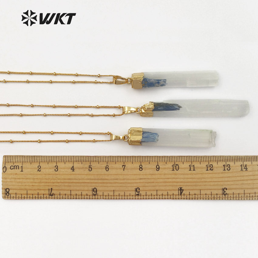 WT-N1128 Women Fashion Gold Plated White Selenite Necklace with Blue Kyanite Charm