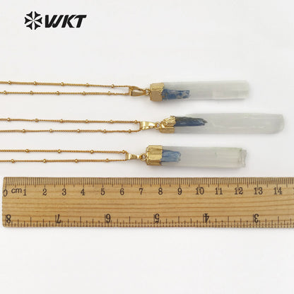 WT-N1128 Women Fashion Gold Plated White Selenite Necklace with Blue Kyanite Charm