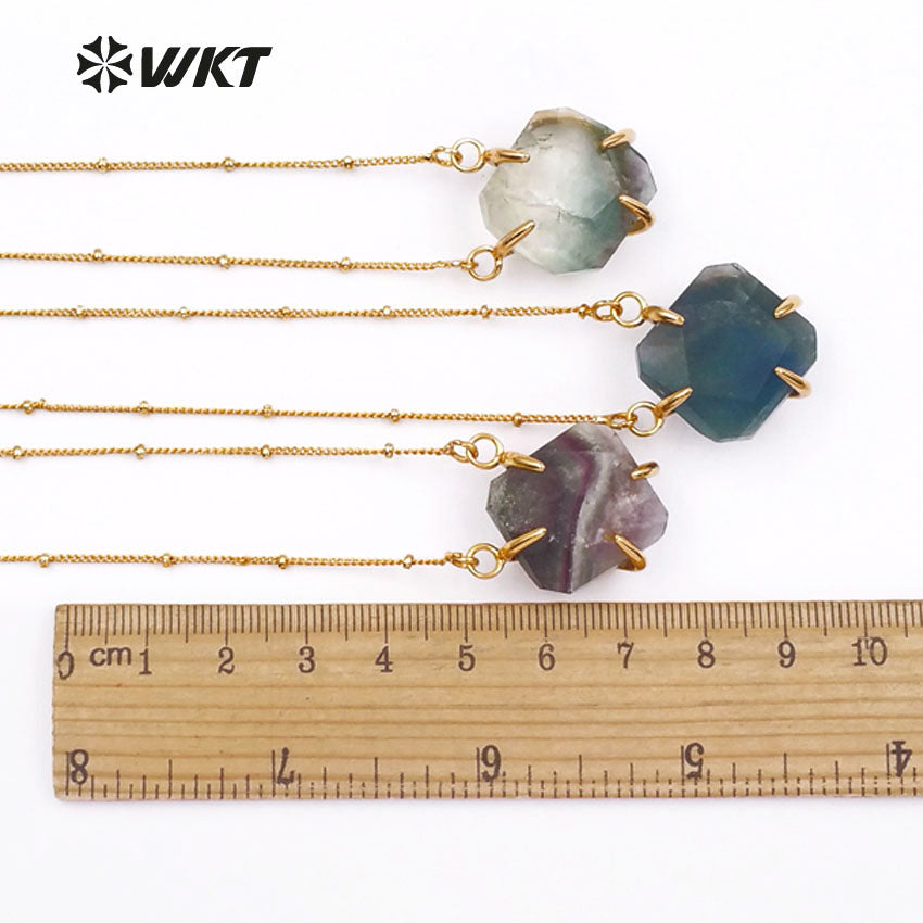 WT-N1135 Wholesale Amazing Multi Color Natural Stone Necklace Pendant Faceted Stone with Gold Trim for Natural Stone Necklace