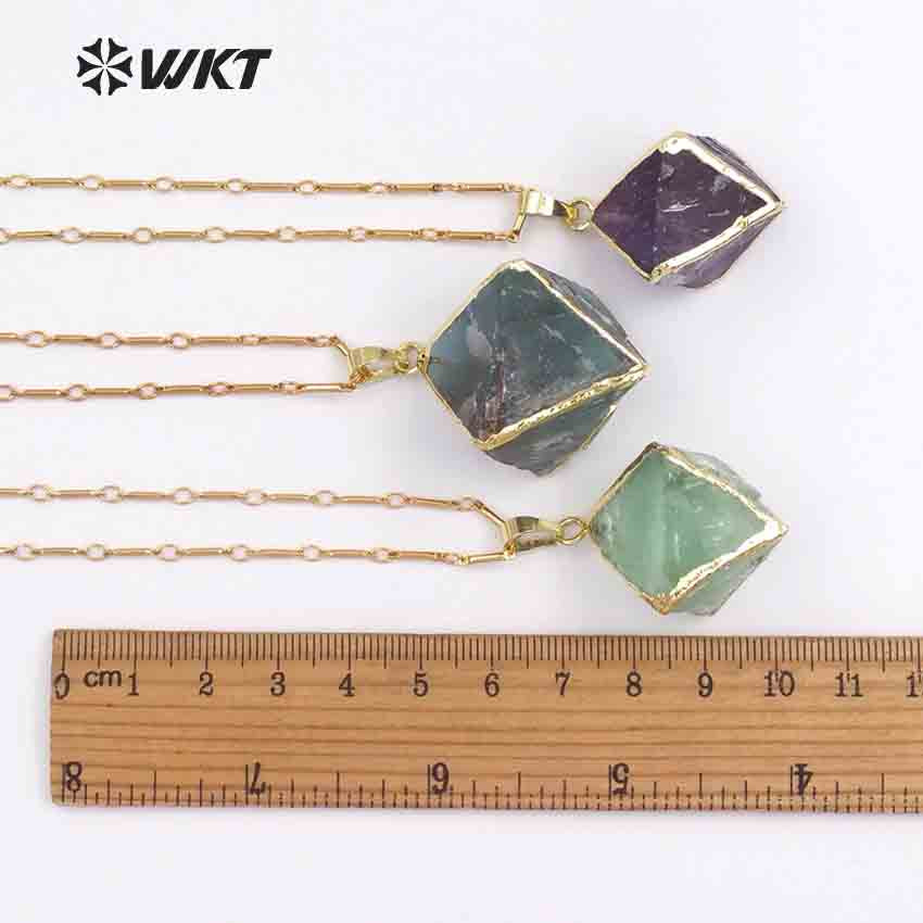 WT-N1142 Hot Sale Women Jewelry Amazing Natural Colorful Stone Faceted with Gold Trim High Quality rainbow Fluorite Necklace
