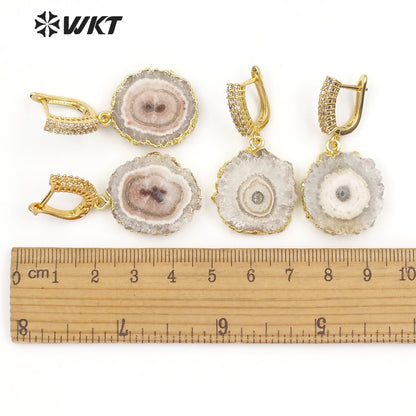 WT-E477 Women Vogue Jewelry With Gold Bezel Dainty Cubic Zirconia Pave Earring Natural Stalactite Quartz Delicate Stud Earring
