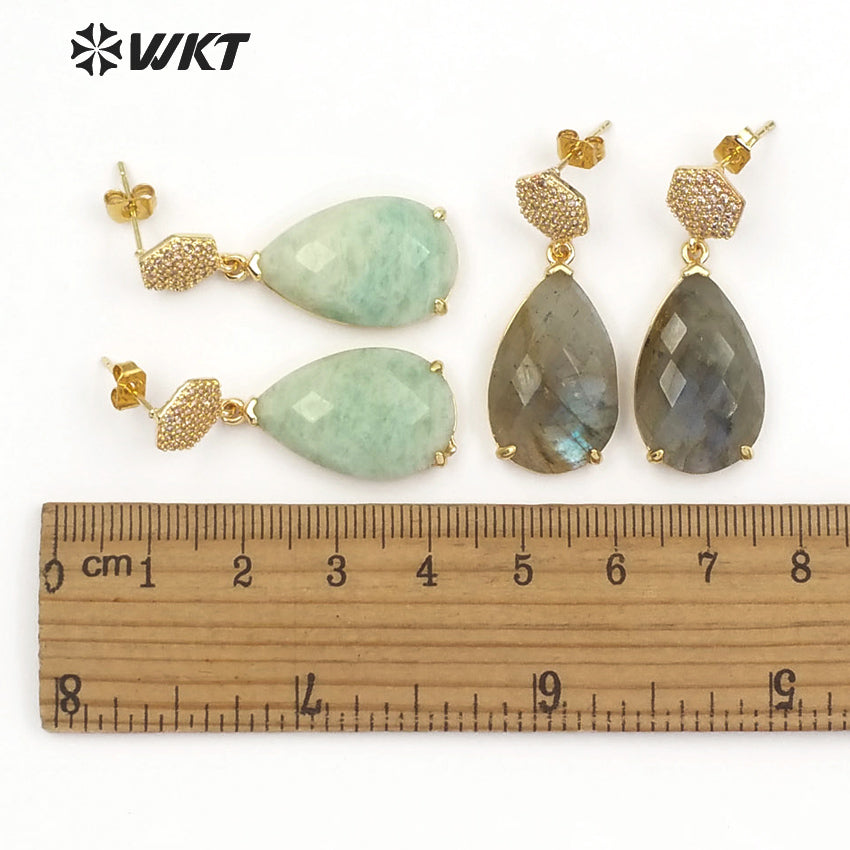 WT-E479 Simple Elegant Bridesmaid Jewely Hexagon Shape CZ Pave Earring Stud With Teardrop Amazonite Labradorite Earring