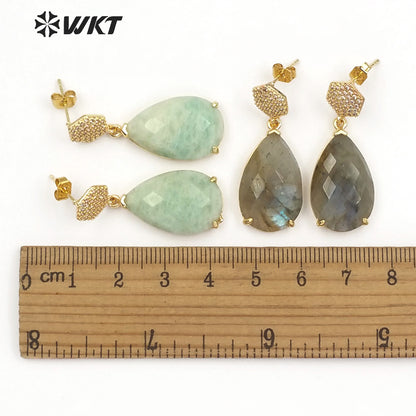WT-E479 Simple Elegant Bridesmaid Jewely Hexagon Shape CZ Pave Earring Stud With Teardrop Amazonite Labradorite Earring