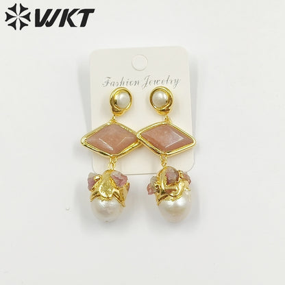 WT-MPE101 Latest Style Freshwater Pearl Aquamarine Sun Stone 18k Gold Plated Gift Weeding Romantic Pendant Earrings
