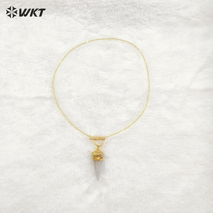 WT-N1463 Wholesale Fashion 18K Real Gold Plated Natural Crystal Quartz Point Energy Healing Bullet Stone Necklace