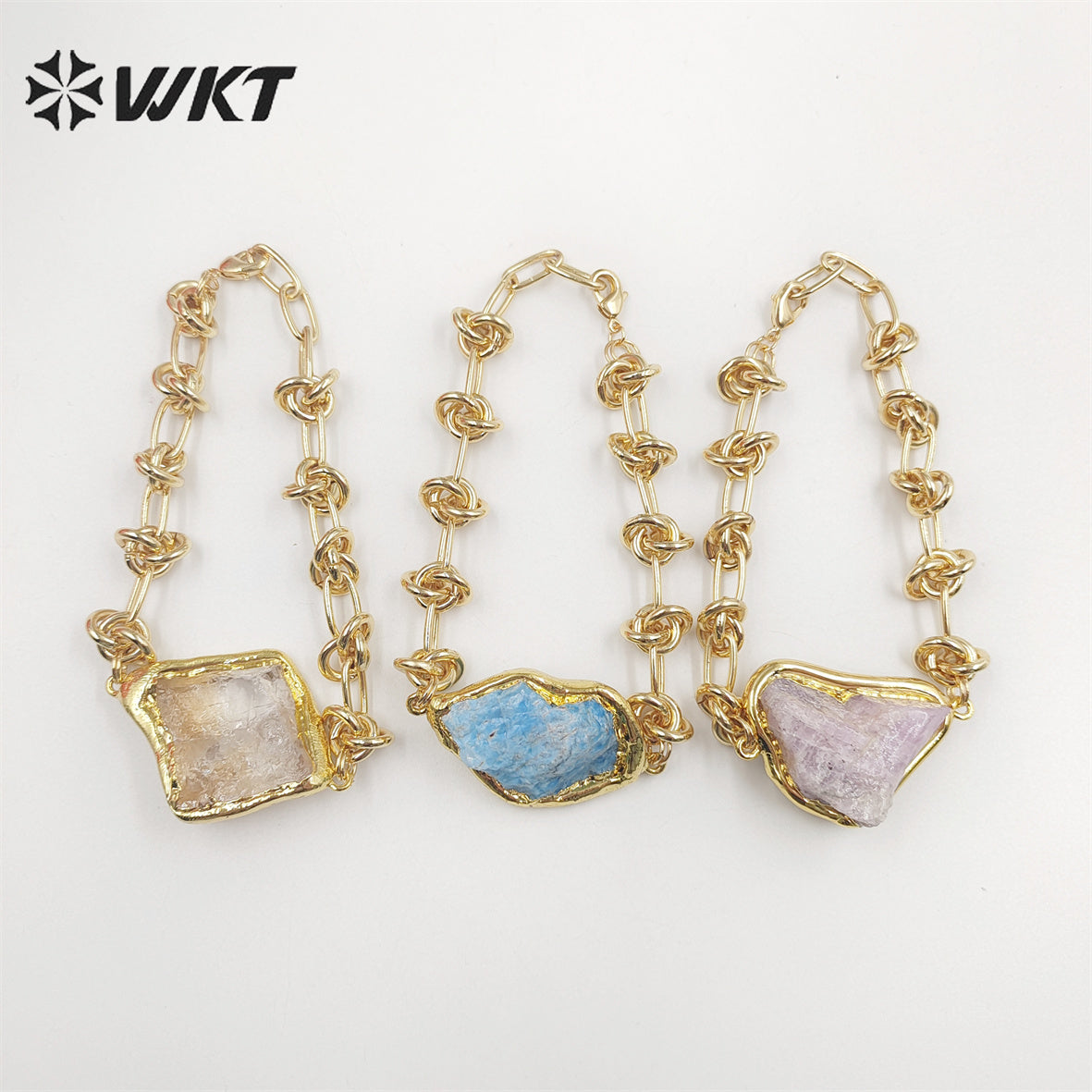 WT-B614 WKT Handmade New Knotted Shape Metal Chain Bracelets 18k Real Gold Plated Resist Tarnishable Natural Raw Stone Bracelets