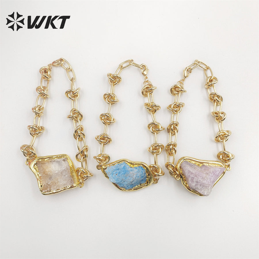 WT-B614 WKT Handmade New Knotted Shape Metal Chain Bracelets 18k Real Gold Plated Resist Tarnishable Natural Raw Stone Bracelets