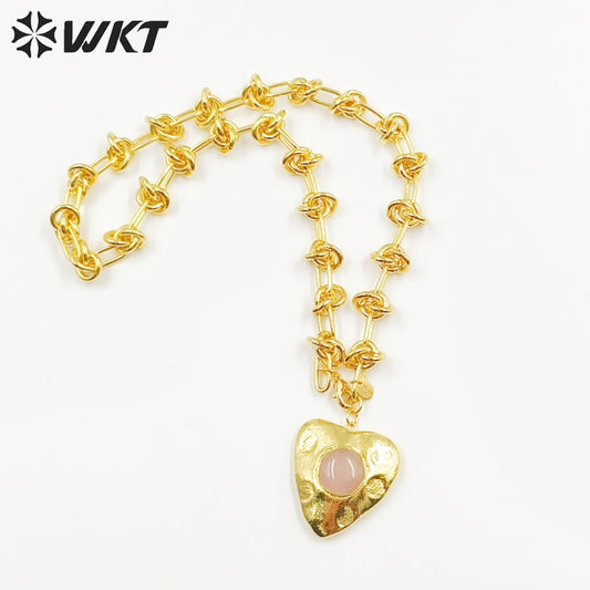 WT-N1429 Gorgeous Romantic Heart Shaped Natural Rose Quartz 16inch Long Layer Vintage Necklace Casual Long Statement Necklace