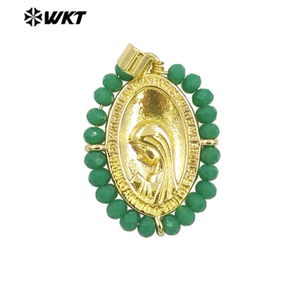WT-MN995 WKT 18K Gold Plated Yellow Brass Metal Carved With Handmade Wire Wrapped Crystal Beads the Beauty Face Necklace