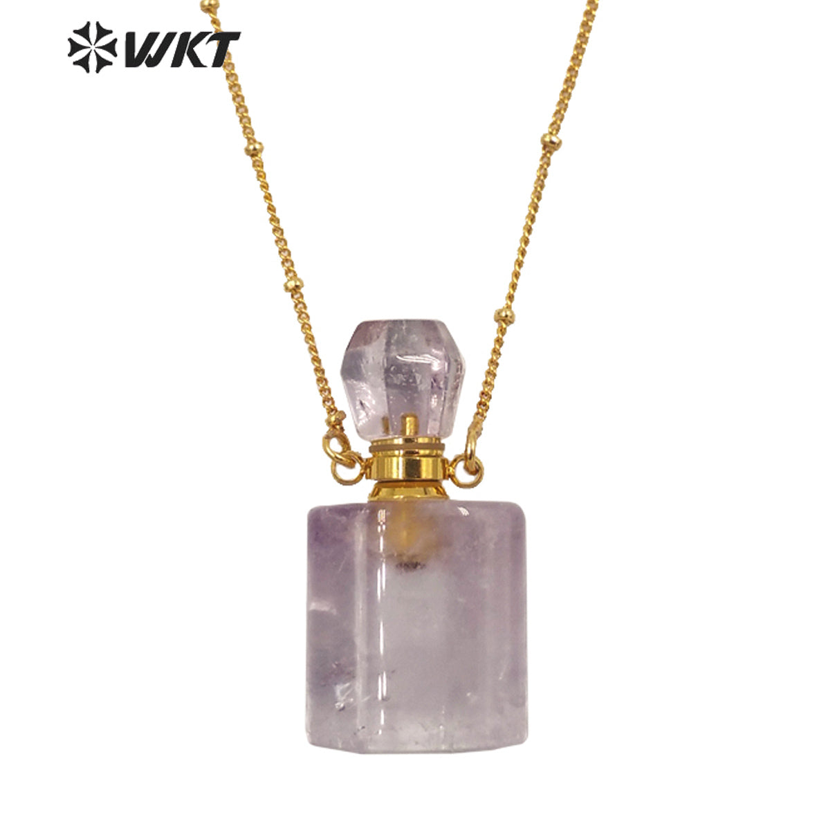 WT-N1285 Wholesale Gold Plated Natural Stone Rose Quartz square Essencial Oil Bottle Necklace Double Loop Perfume Necklace