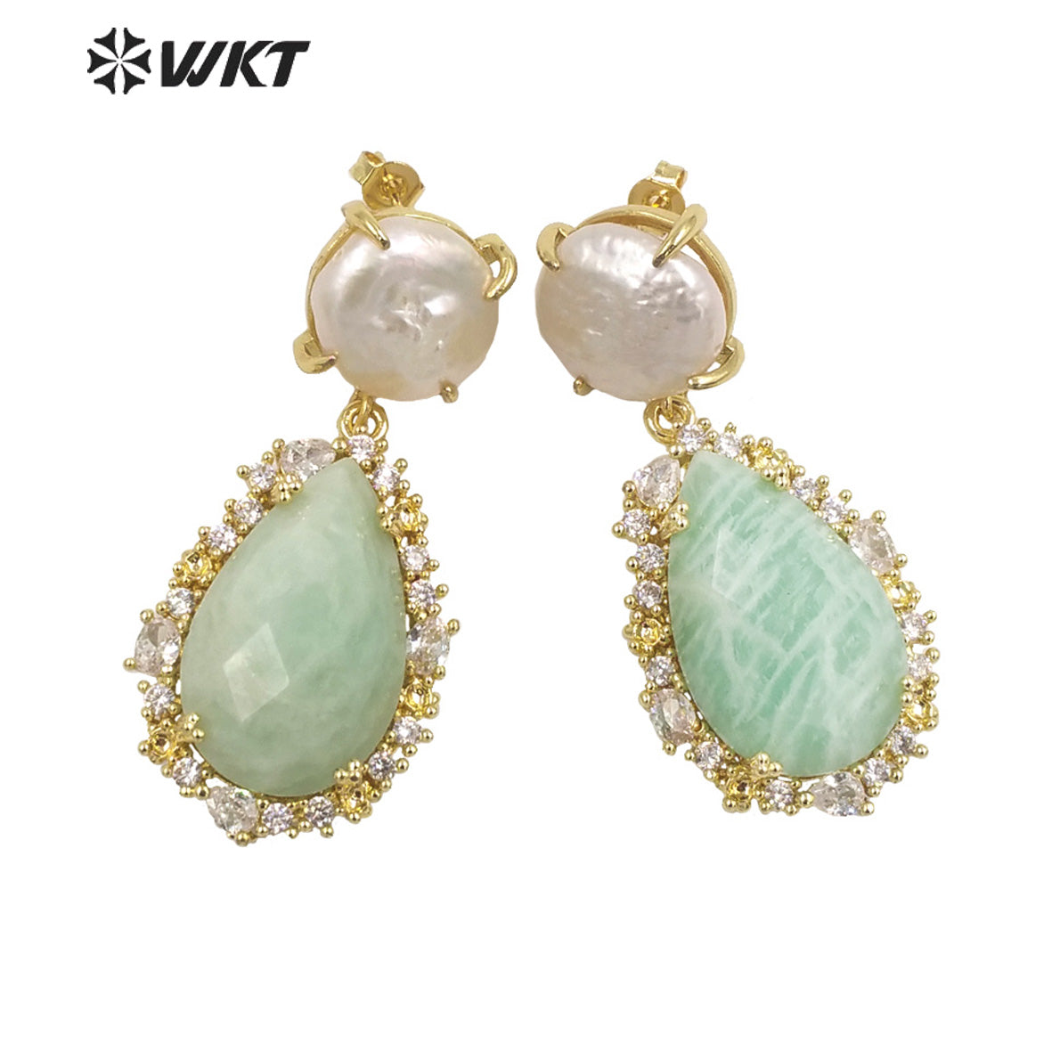 WT-E698 Unique Micropaved Gold Bezel Cubic Zircon Natural Teardrop Stone Pearl Earrings Gorgeous Drop Turquoise Stud Earrings