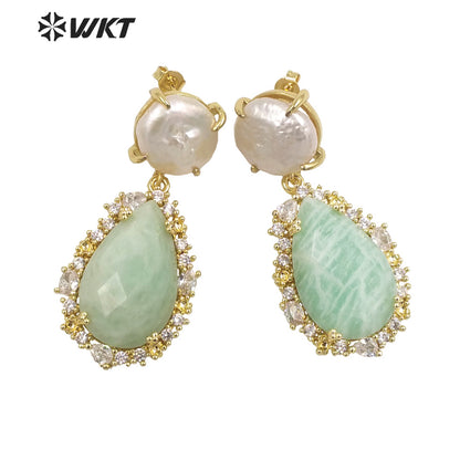 WT-E698 Unique Micropaved Gold Bezel Cubic Zircon Natural Teardrop Stone Pearl Earrings Gorgeous Drop Turquoise Stud Earrings