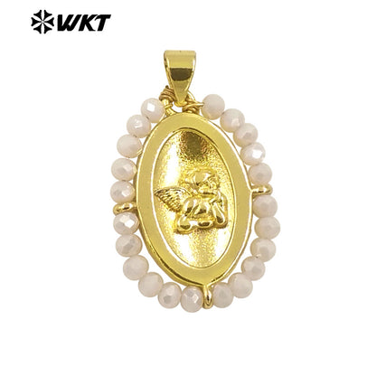 WT-MN994 2024 New Popular Gold Plated With Handmade Crystal Wire Wrapped Beads Around Angel Medal Christian Jewelry Necklace