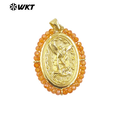 WT-MN990 Fashion Women 18K Real Gold Plated Oval Shape Crystal Wire Wrapped Guardian Angel Necklace for Christian