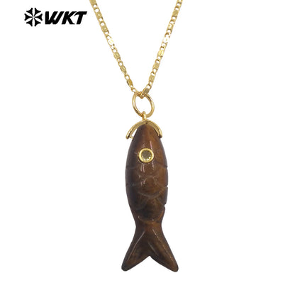 WT-N1512 Delicate Metal Thin Chain And Natural Gemstones Little Fish Shape Pendant Necklaces As Girls Elegant Accessories