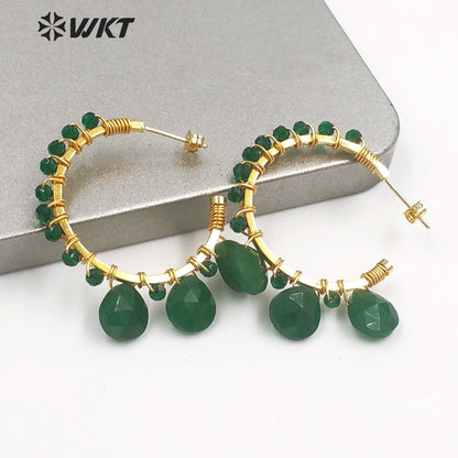 WT-E694 Wholesale Fashion Gold Plated C Shape Wire Wrapped Stone Earrings Attractive Teardrop Stone Crescent Moon Earrings