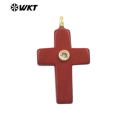 WT-P2110 High Quality Natural Gemstones Setting In Zircon Cross Shape Charms Pendants For Women Handmade Earrings Design