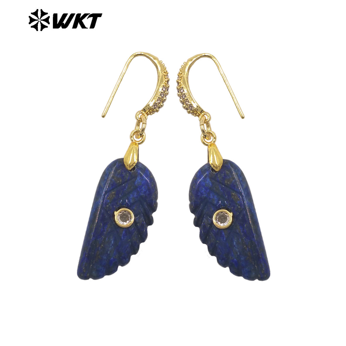 WT-E818 Wholesale Trendy Natural Gemstones Hand Carved Feather Shape Women Gold Earrings For Lady Dance Party Wearing Accessory